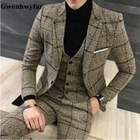 Gwenhwyfar 2021男性のイギリスのデザインロイヤルブルーの秋と冬の厚いスリムな格子縞のウェディングドレススーツブレザー