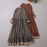 فساتين عارضة اليابانية موري فتاة الفن طباعة اللباس الخريف الزهور كشكش فضفاضة طويلة الأكمام