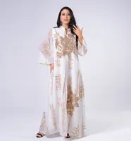 アラブターキーイスラムホワイトJalabiya Ethnic Robe 2021 EIDスパンコール刺繍Abayaはモロッコの女性Kaftanを着飾った