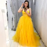 Sexy Yellow Tulle A Line Formal Evening Dresses 2021 Simple Style Long Tiered Train Robe de Soiree Prom Party Gowns