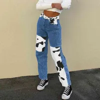 BigGorange High Cintura Streetwear Pantalones Grunge Style 90s Denim Jeans Vaca Patchwork Moda Mujeres E-Girl Pantalones de moda 210329