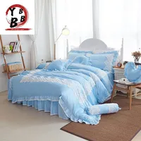 Sängkläder Ställer 2021 Lyx Silk Set Cotton Duvet Cover Bed PillowCase 4PCS Queen King Size Skirt Blue Lace BedClothes