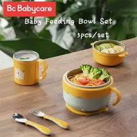 BC BABYCARE 5PCS Set de vajillas para bebé Mantenga el tazón de alimentación de acero inoxidable anti-escaldado cálido + cuchara tenedor + taza de cena cena platos 210908