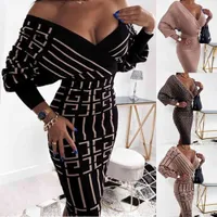 2021 stripe medium length V-Neck long sleeve high waist dress women