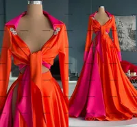 オレンジフクシアシャツイブニングドレス2022長袖セクシーなハイスリットクロップトップアフリカの阿蘇ebiアラビアの有名人のウエディングドレス