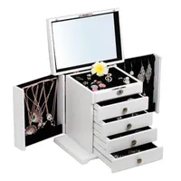 Ящики для хранения BINS Большая белая деревянная шкатулка ювелирных изделий, ожерелье дисплей, коричневый шкаф, цветы печати, зеркальная клавиша