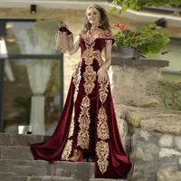Elegancki Arabski Dubai Burgundy Walka Formalne Suknie Wieczorowe Z Odpinaną Spódnicą Aplikacje Caftan Marocain Kaftan Velvet Women Prom Party Suknie Celebrity Dress
