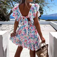 Summer Butterfly Sleeve Floral Print Dress Women Ruffle Square Collar Back Lace-up Sundress Boho A Line Beach Party Dress