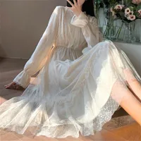 Белое элегантное платье женщины повседневная длинный рукав кружевной фея вечеринка сладостная высокая талия лук женский цельный осень 2021 корейские платья