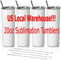 US Stock 20oz Sublimation مستقيم Tumplers Blanks أبيض 304 الفولاذ المقاوم للصدأ فراغ معزول Slim DIY