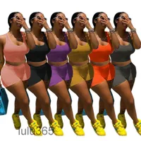Mulheres Tracksuit Outfits 2021 Verão Novo Designer Fashion Feminina Color Sólida Tecido de Bolha U-pescoço Vest Top Top Calções Apertado Esportes Duas Peças Sets Lulu365