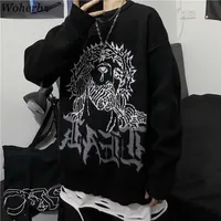 Woherb Harajuku Sweter Kobiety Man Punk Streetwear Jacquard Drukuj Dzianiny Pulower Koreański Moda Pull Jumper Unisex 211206
