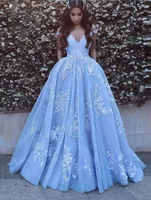 2021 hermosos vestidos de fiesta azules con apliques de encaje de la longitud del piso de hombro elegantes vestidos de fiesta formales