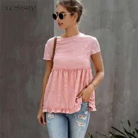 Lossky T Shirt Kadınlar Vogue İlkbahar Yaz Kısa Kollu Ahşap Kulak Güzel Tops Rahat Pileli Vegan Giyim Tee Gömlek Femme 210324