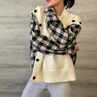 Women's Sweaters 2021 Autumn Winter Women Sweater Pullover Fake Two Pieces Plaid Patchwork Knitted Button Harajuku Oversize Lady Top SW1145J