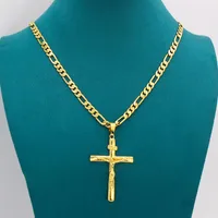 Real 10k Yellow Solid Fine Gold GF Jesus Cross Crucifix Charm Big Pendant 55*35mm Figaro Chain Necklace 24&quot; 600*6mm
