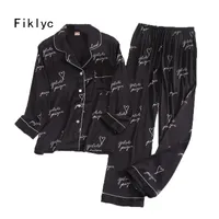 Fiklyc Underwear Faux Silk Letra Imprimir Sexy Mulheres Primavera de Manga Longa Calças Pijamas Conjuntos Bonito Lindo Nightwear Sets Hot 210320