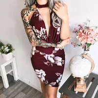 Women's Blouses & Shirts Floral Printing Blouse Dresses Women Sexy Sleeveless V Neck Fitted Bodycon Evening Dress Camisa De Gasa