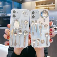 3D金属食品ナイフフォークのクリアTPUの電話ケース用iPhone 12 11 PRO PROMAX X XS MAX 7 8プラスケースカバー