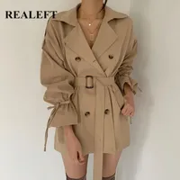 Realeft 2021 جديد الخريف الشتاء الكاكي الحد الأدنى المرأة خندق معطف الزنانير واقية فضفاضة مضيئة كم مزدوجة الصدر خندق