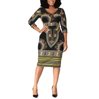 レディースプラスサイズのドレスカジュアルなアフリカの女性エレガントな手首のハイウエストVネックビンテージのための働くオフィスビンチュージのファッションスリムな台座のドレスMidi