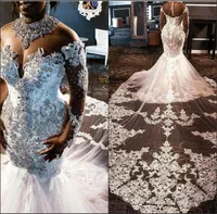 Plus Storlek Bröllopsklänningar Rhinestones Kristaller Lace Beaded Vestido de Noiva Långärmad Afrikansk sjöjungfru Brudklänning Casual Klänningar