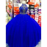 Royal Blue Ball Gown Prom Dress Vestidos de Quinceanera 2021 Hoge Hals Gold Beads Sweet 16 Girls Avond Feestjurken
