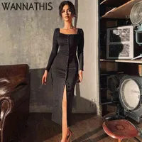 Wannathis الأزياء ميدي العجل اللباس للنساء طوق مربع طويل الأكمام زر أنيقة مثير عارضة سبليت الأزياء الأسود اللباس 2021 G1215