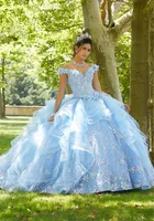 2022 Sky Blue Ball Robe Quinceanera Robes Perles Princesse Sweet 15 Robe avec des fleurs 3D Robes de fête Vestidos de 16 XV Años