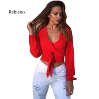 Moda kadın Kravat Derin V Yaka Uzun kollu Seksi Ajur Gömlek 4 Renkler Bluzlar Gömlek