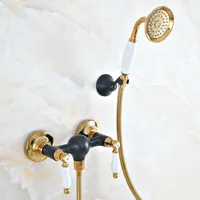 Black Oil & Gold Brass Bath Shower Faucets Set Wall Mounted Hand Held Shower Head Kit Faucet Sets Double Handles Kna509