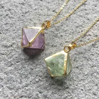 Hängsmycke halsband Fuwo Naturligt fluorit halsband med guldmässing trimmad mode grön kristall kvarts oktaedron för kvinnor gåva nc260