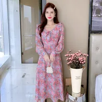 Günlük Elbiseler 2021 Sonbahar V Yaka Kadın Çiçek Elbise Moda Petal Kollu Yay Yaka Tatlı Kadın Ofis Lady Şifon Plaj