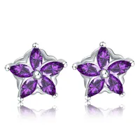 Sterling Silver Earrings Stud Purple Crystal Flower Zircon Diamond Earring for Women Anniversary Gift 18K White Gold Plated