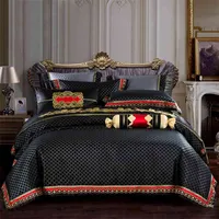 Blue Black Silk Satin Luxury Royal Beddengoed Set Queen King Size / Flat Sheet Spread Kussensloop Dekbedovertrek 210727