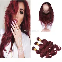 Body Wave Human Hair Pre Plucked 360 Lace Frontal With 99j Hair Bundles Brazilian Virgin Hair Extension Wine Red With 360 Lace Frontal
