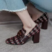 Chunky High Heel Check Tissu Pumps Femmes Round Toe Crystal Chain Decor Single Shoes Spring Elegant Party For Ladies Robe