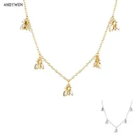 Andywen 925 Sterling Silver Long Chain Chain Collier Collier Bees Charms Mode Cristal Zircon Bijoux Party Joyaux fins 210608