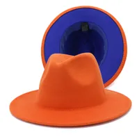 外側のオレンジの内側の青いパッチワークジャズFedoraの帽子男性女性パーティーミュージック正式な帽子ワイドブリムウールは2トーンパナマフェデラを感じました