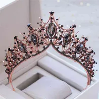 Baroque Bronze Vintage Black Crystal Bead Bridal Tiaras Crown Pageant Prom Veil Tiara Diadem結婚式のヘアアクセサリ210701