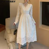 بالإضافة إلى الحجم L -4XL MIDI Long Dress Woman Party Party Lace Stitching Selegant Lady White Dresses v Deck Cloths Spring Autumn 2021 Casual