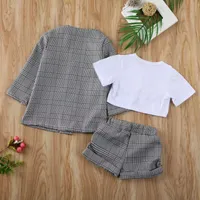 1-6Y Infant Baby Girls Kids Clothes Sets Short Sleeve Tops Pants Plaid Coat Formal Outfit Clothes 3PCS Y200525 87 Z2