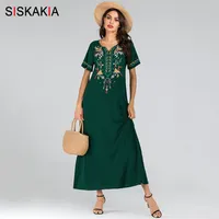 Vestidos largos para mujer Vestido de manga corta con cuello en V de verano Vestidos maxi elegante y elegante étnico bordado floral Ropa árabe 210517