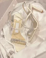 完璧な夏のブランドMeira Sandals Shoes Crystal Ambellished Strappy Pumps Feminine Stiletto Heel Dress Bridal Wedding Dress EU35-43.Box