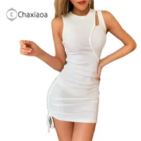 Günlük Elbiseler Chaxiaoa Pamuk Dantelli İpli Seksi Parti Elbise Kadın Kolsuz Elastik Mini Yaz Bodycon Club Giyim Vestidos X176