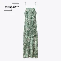 Повседневные платья Hwlzltzht 2021 летнее скольжение длинное платье женщина зеленая печать камизол элегантная вечеринка женщин без спинки MIDI сексуальные сарафаны