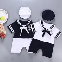 Sailor Collar Baby Boy Kläder Vit Baby Navy Hatt Bodysuiter Striped Sailor Shirt Avslappnad Kids Naval Academy Summer Jumpsuits