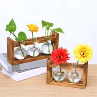 Birne Vase Glas Holz Blume Jar Pflanzgefäß mit Holz Rack Stehenhalter für grüne Wasserpflanze Tisch Schreibtisch Dekor Vasses