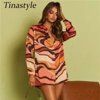 Women's Blouses & Shirts Tinastyle Striped Print Casual Shirt Dress Women Blue Turn Down Collar Long Sleeve Buttons Loose Party Streetwear