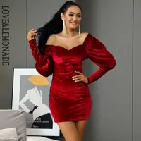 LOVE&LEMONADE Sexy Tube Top Bubble Long Sleeve Deep Red Velvet Bodycon Mini Dress LM82869 Casual Dresses